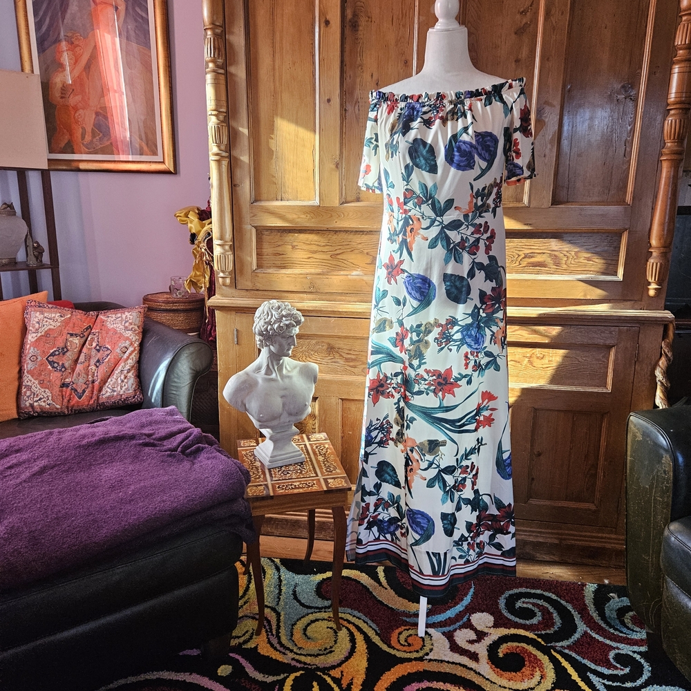 Pretty & Feminine Floral Off-Shoulder Maxi Dress. White with Blue, Orange& Green
